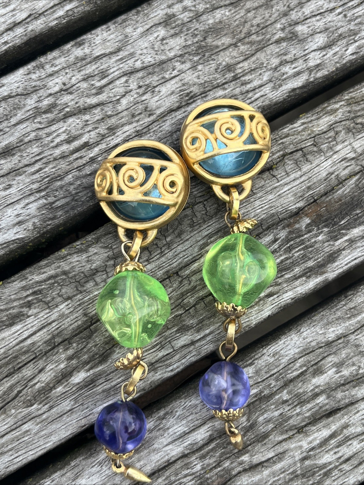 Vintage 1980s Artisan Drop Post Earrings Multi Colored Metal Work Gold Tone