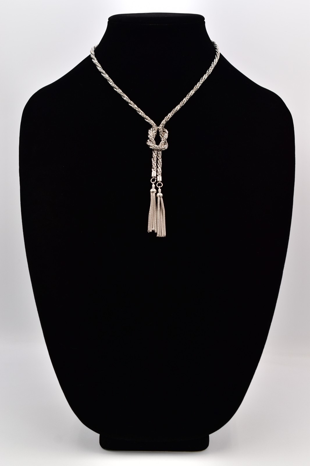 Vintage Silver Rope Knot Tassel Chain Necklace Statement Pendant 1980s BinBE