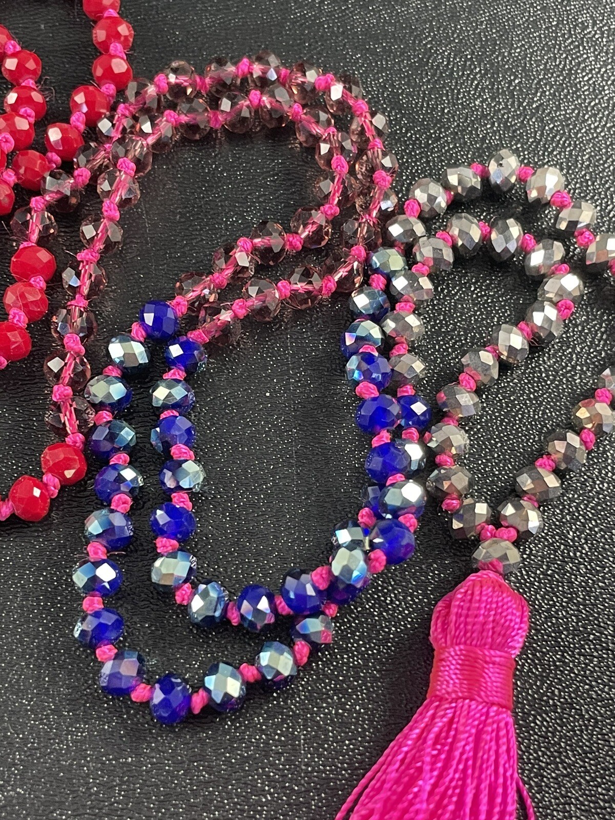 EXPRESS Signed Vintage Pink Tassel Necklace 36” Purple & Red Faceted Lucite Bead