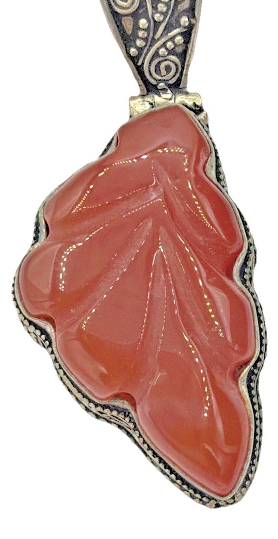 Vintage Sterling Silver Necklace Carved Carnelian Leaf Pendant Ornate Bail