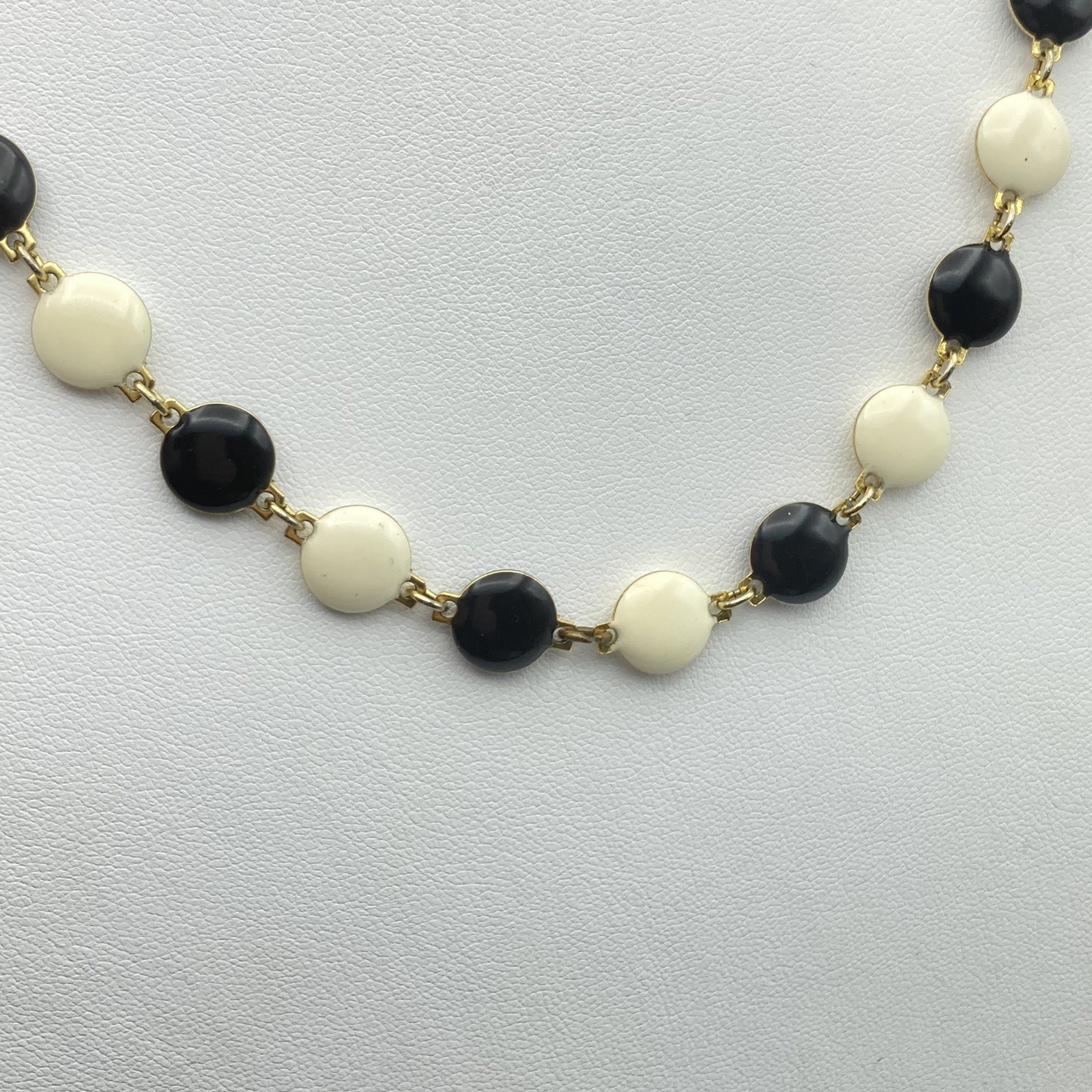 Vintage Gold Tone Black Ivory Enamel Round Disc Layering Strand Necklace 24″