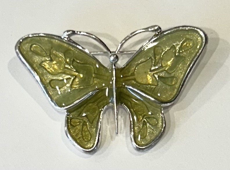 Anne Klein Lime Green Enamel Butterfly Brooch/Pin Silver Tone