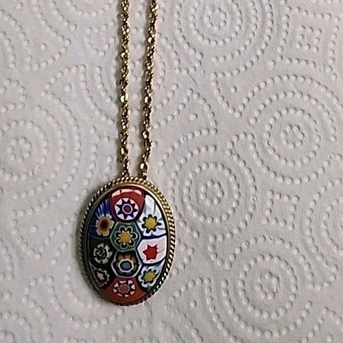 Signed LR Necklace with Millefiore Style Pendant Gold Tone With Chain