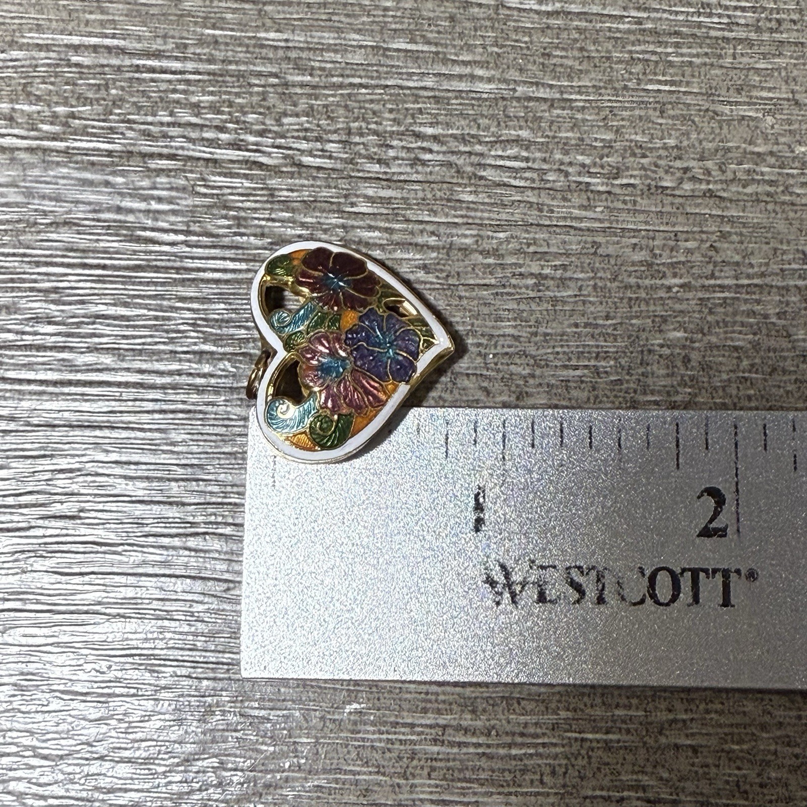 Vintage White Cloisonne Enamel Floral Puff Heart Pendant Double Sided