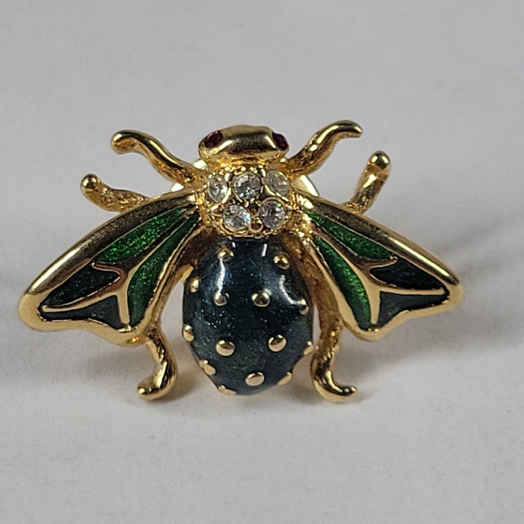 VTG Bumble Honey Bee Lapel Pin Gold Tone Enamel Rhinestone Entomologist Apiarist