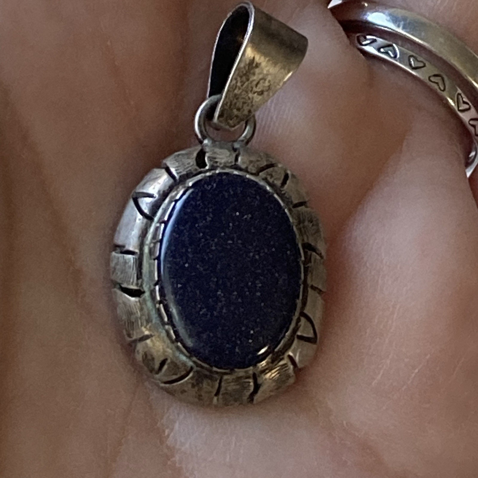 Vintage Sterling Silver 925 Blue Sunstone Pendant Mexico Made Chunky Modernist