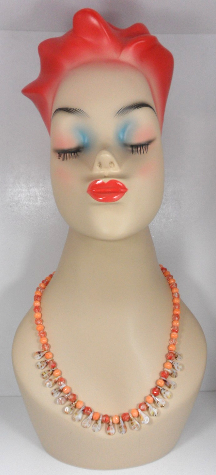 Art Glass Bead Necklace Fringe Drops Vintage Coral Orange Stripes Granny Core