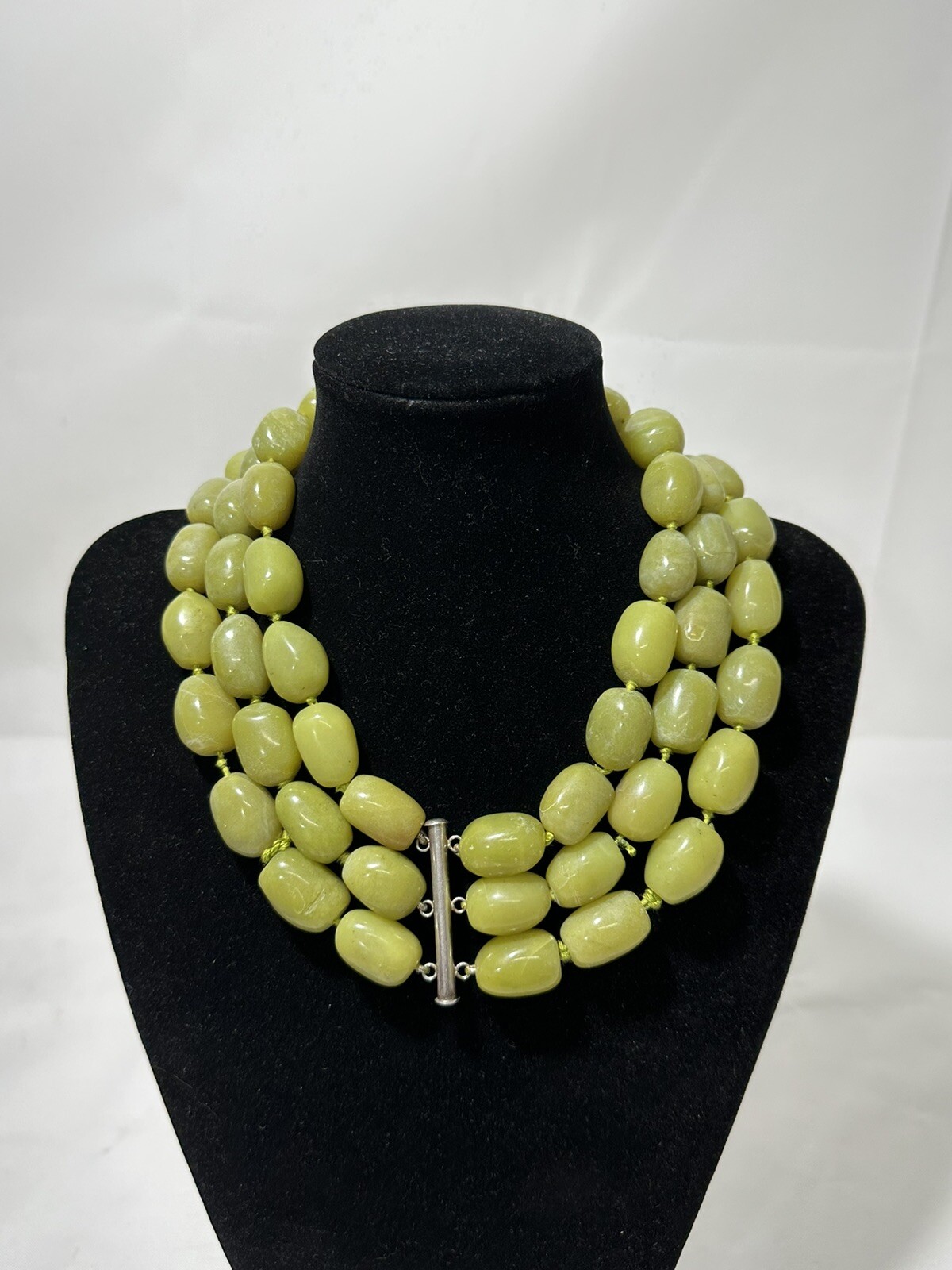 Vintage 3-Strand Olive Jade Nugget Beads Hand Knot 16-inch Choker Necklace