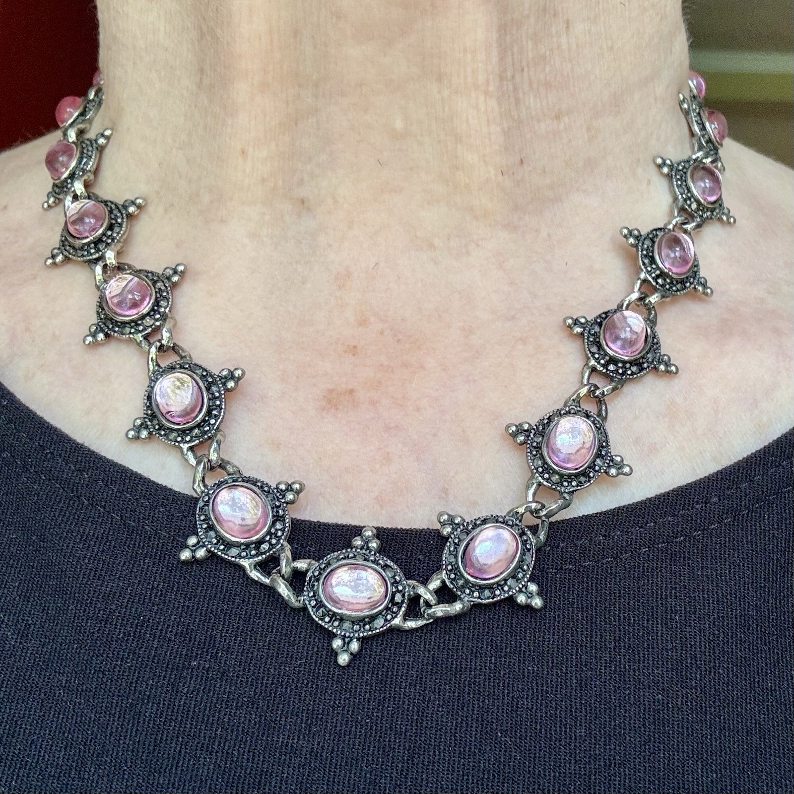 Vintage Silver Beaded & Marcasite Collar Necklace, Bezel Set With Pink Cabochons