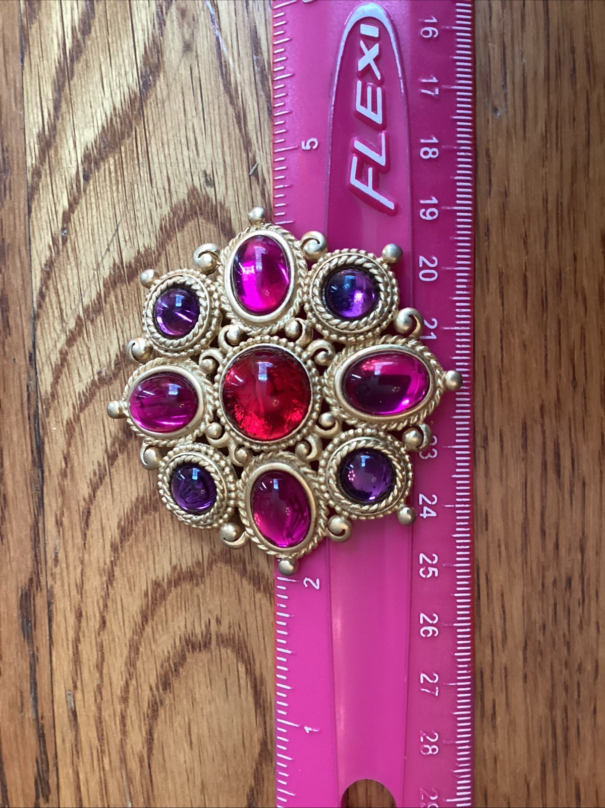 Vintage Gold Tone Brooch With Purple Pink Red Cabochons 2.5”