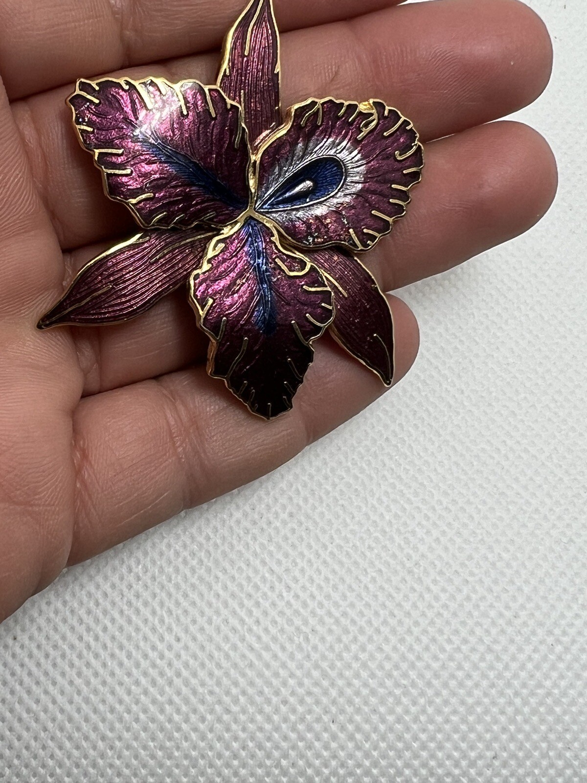 Large Gold Tone & Purple Enamel Orchid Brooch Pin STATEMENT PIECE signed M jewel