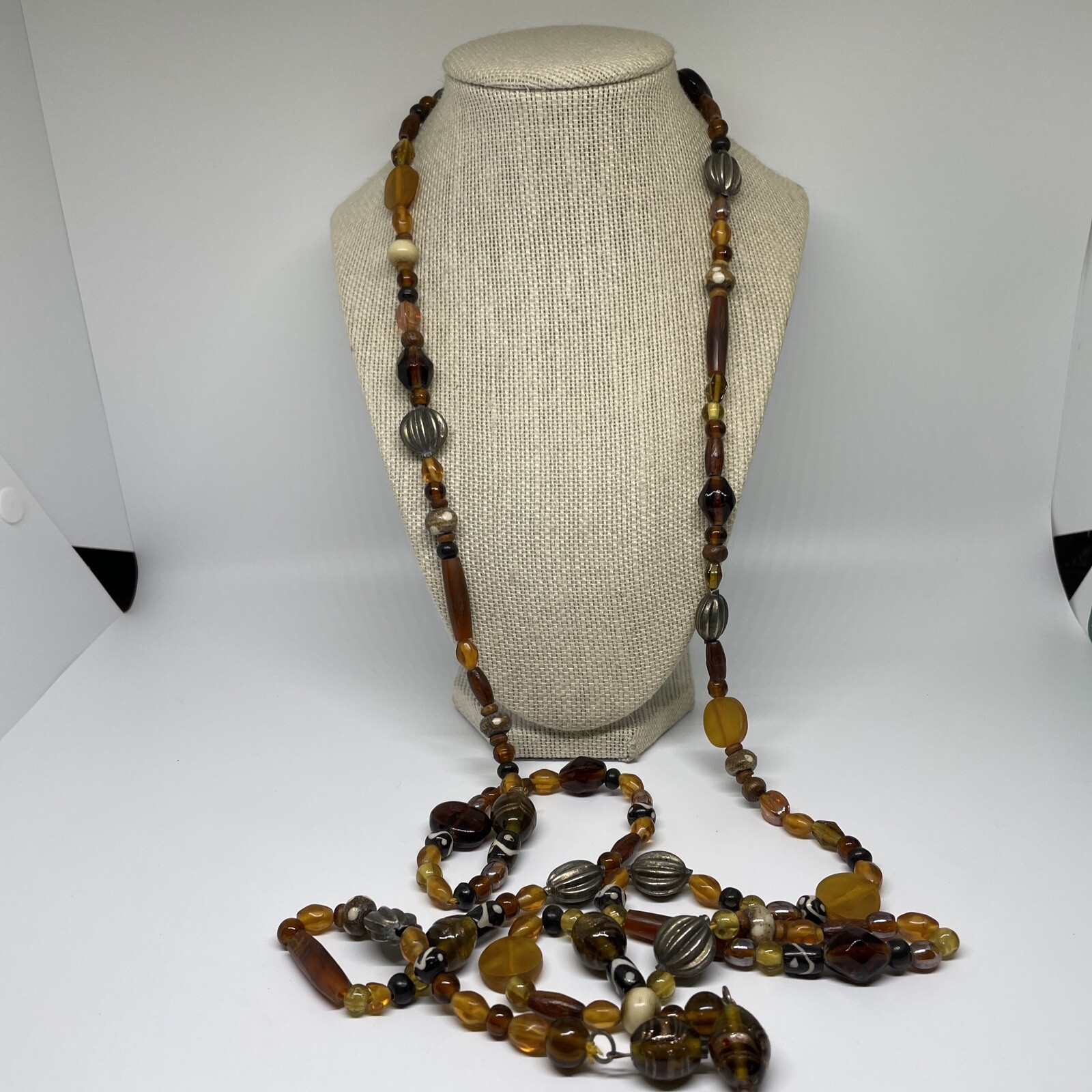 Necklace Multi Strand Wrap Amber Tone Ethnic