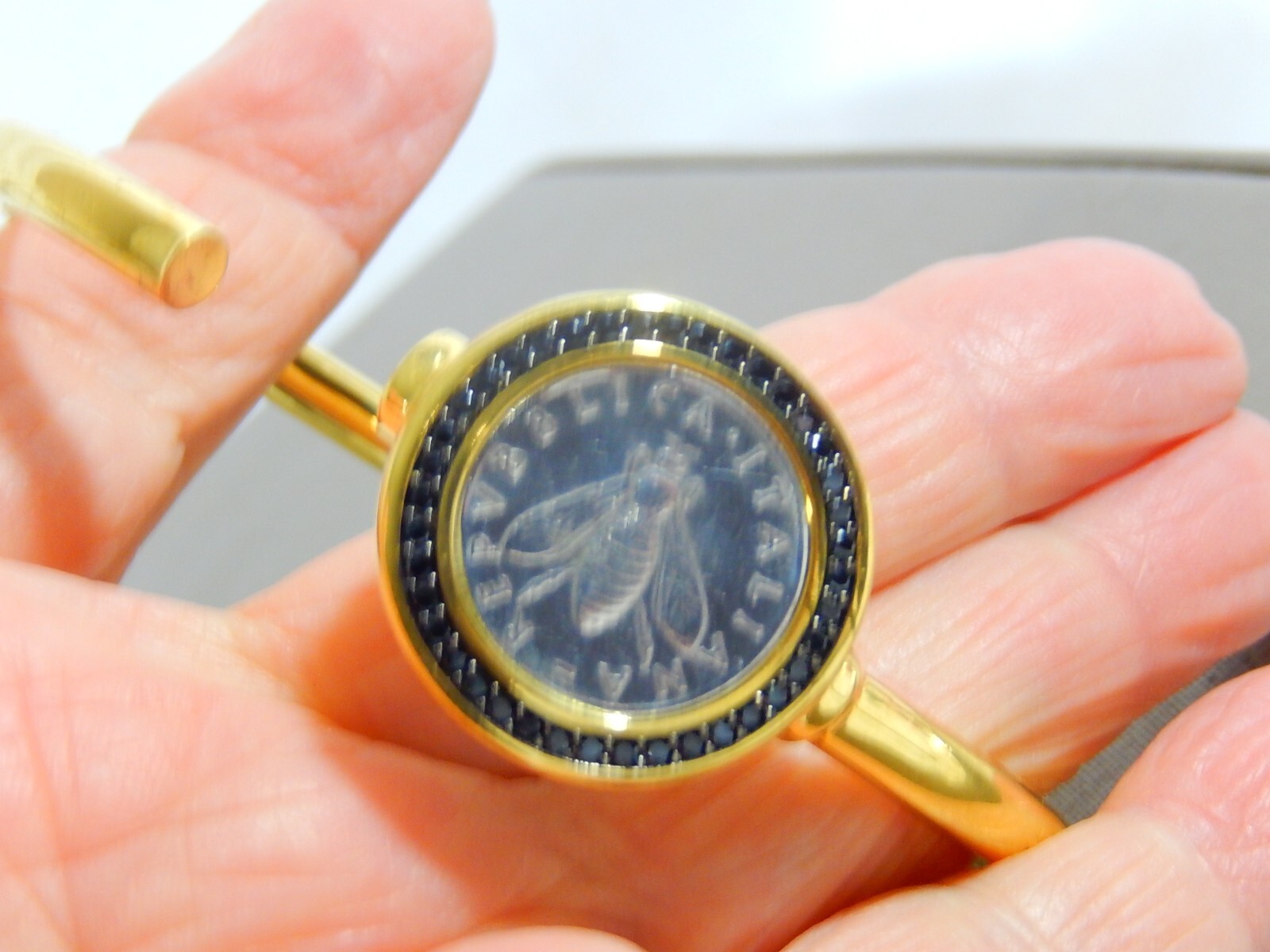 HSN BELLEZZA “BEE” LIRA COIN .76ctw SPINEL GP BRONZE BANGLE BRACELET