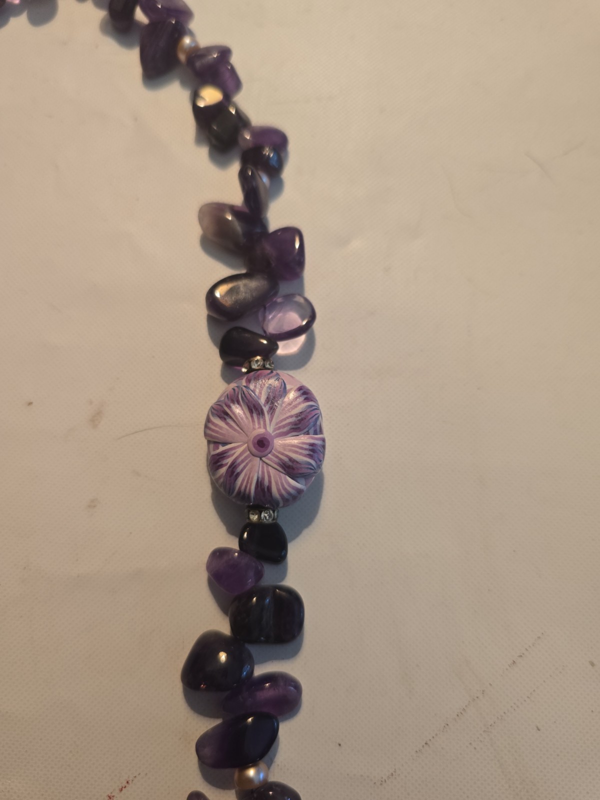 Vintage Amethyst Necklace Dark Purple Tumbled Polished Chips Pearl Rhinestone