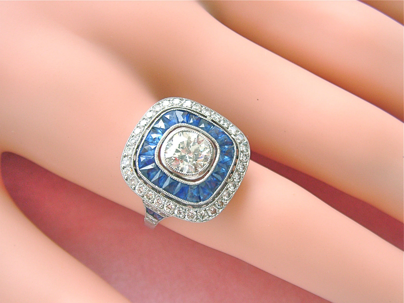ART DECO 1.97ctw DIAMOND 1.2ctw SAPPHIRE HALO ENGAGEMENT CUSHION COCKTAIL RING