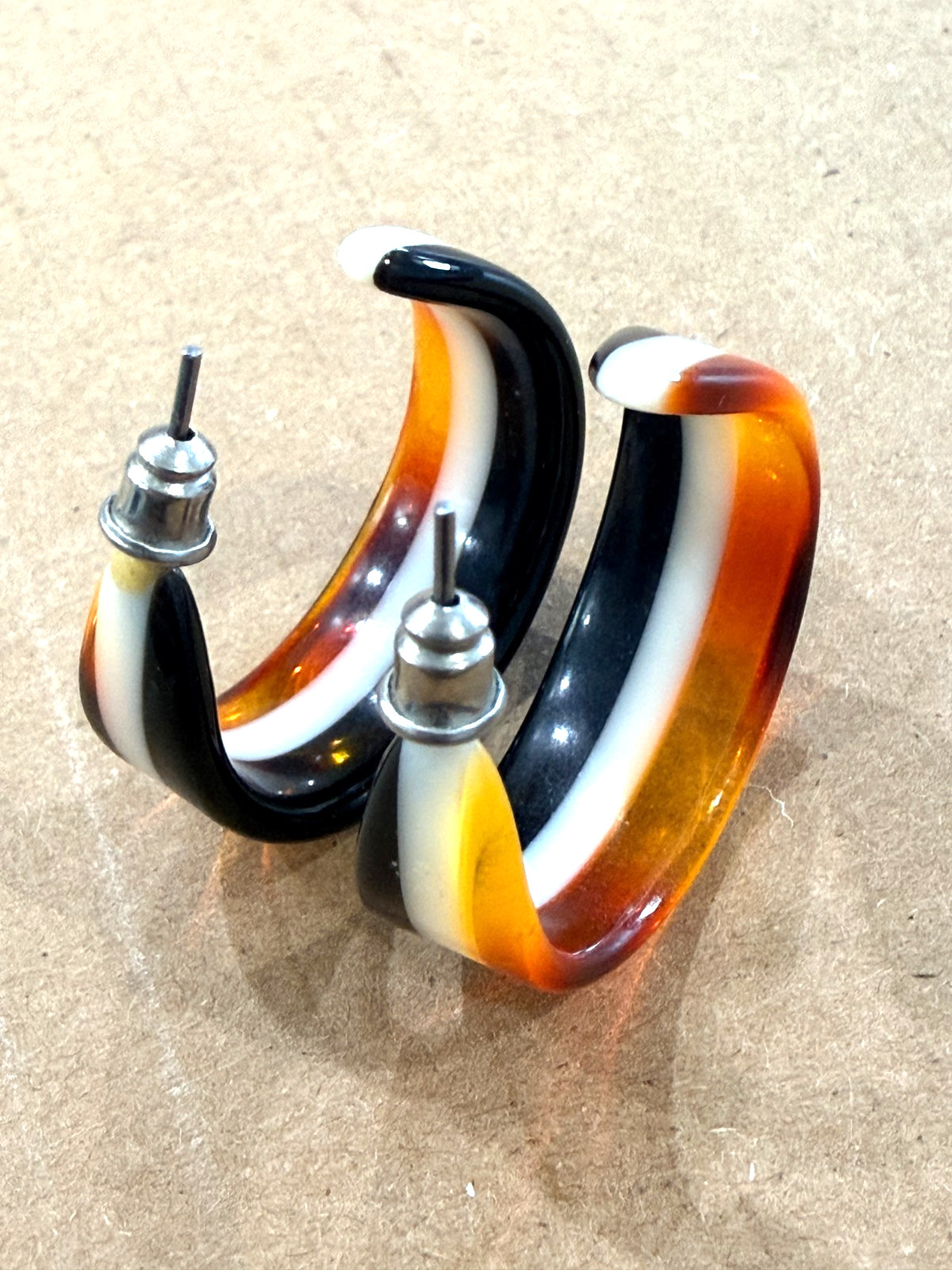 Lucite Colorful Striped Hoop Earrings Golden Yellow Orange White Brown Vintage
