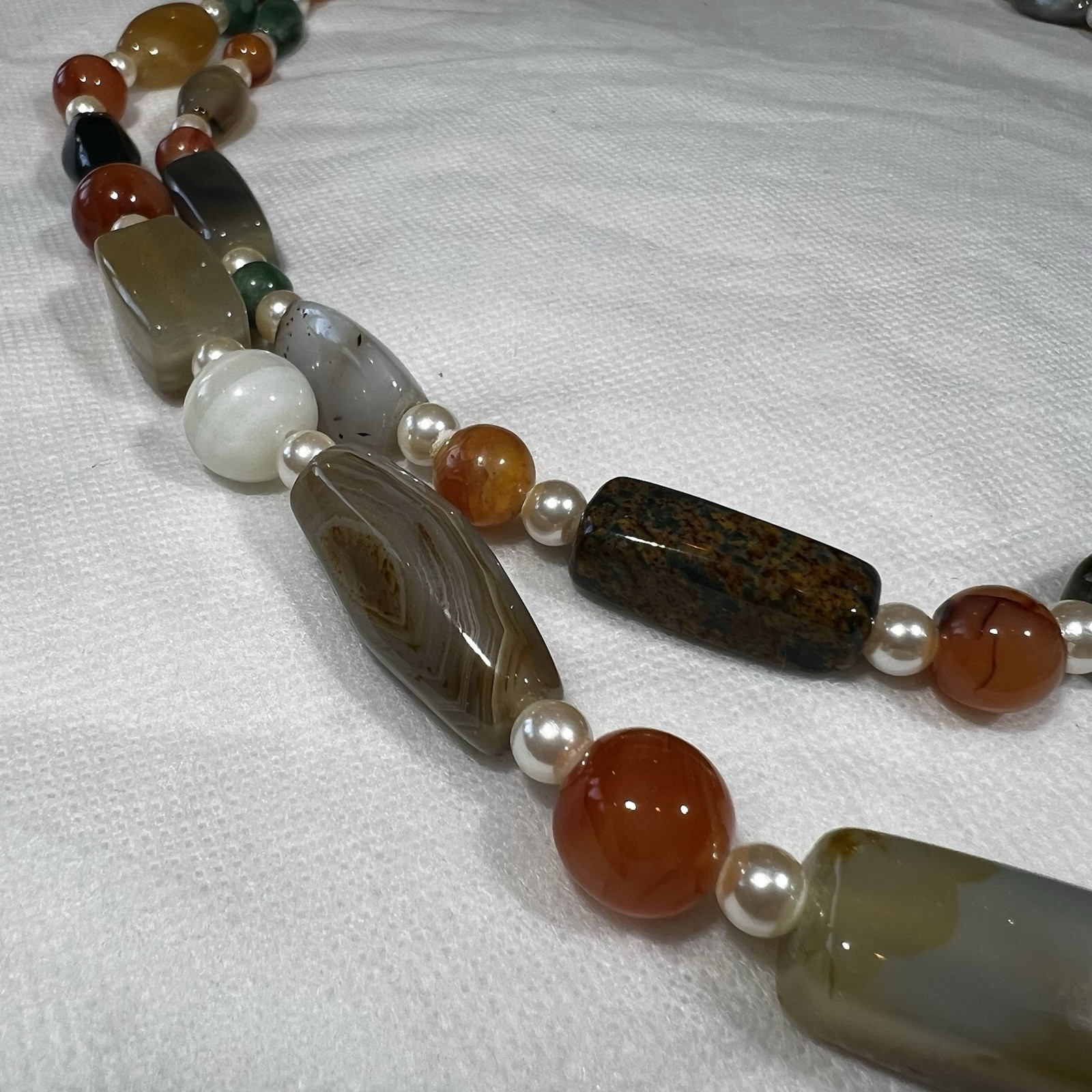 2 Vintage 1960s Semi-Precious Stone Polished Agate Quartz Silver Bead Necklace