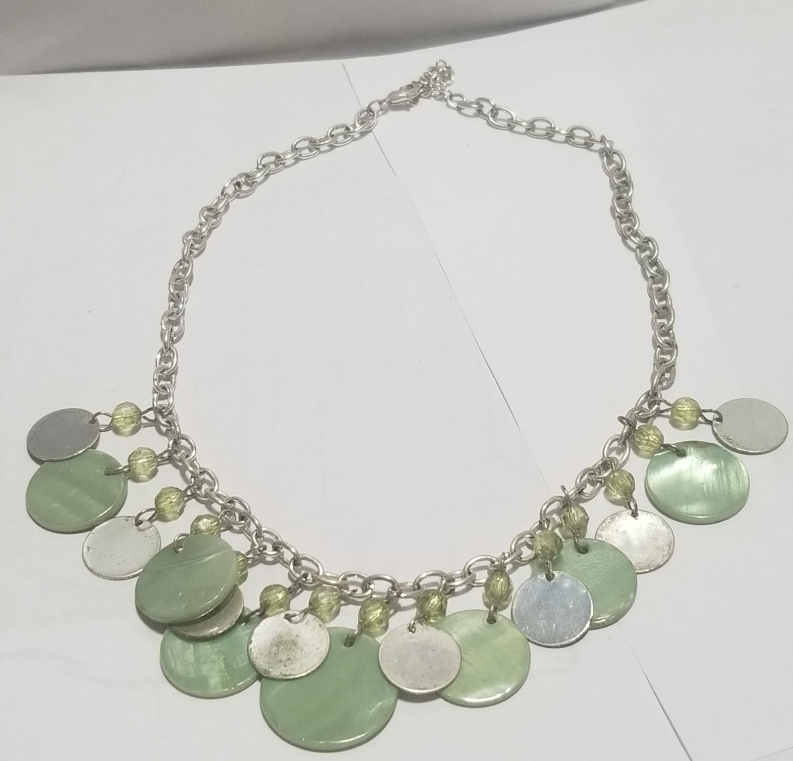 Vintage Necklace & Earrings Set Silvertone With Green Shells And Beads 18 Inches