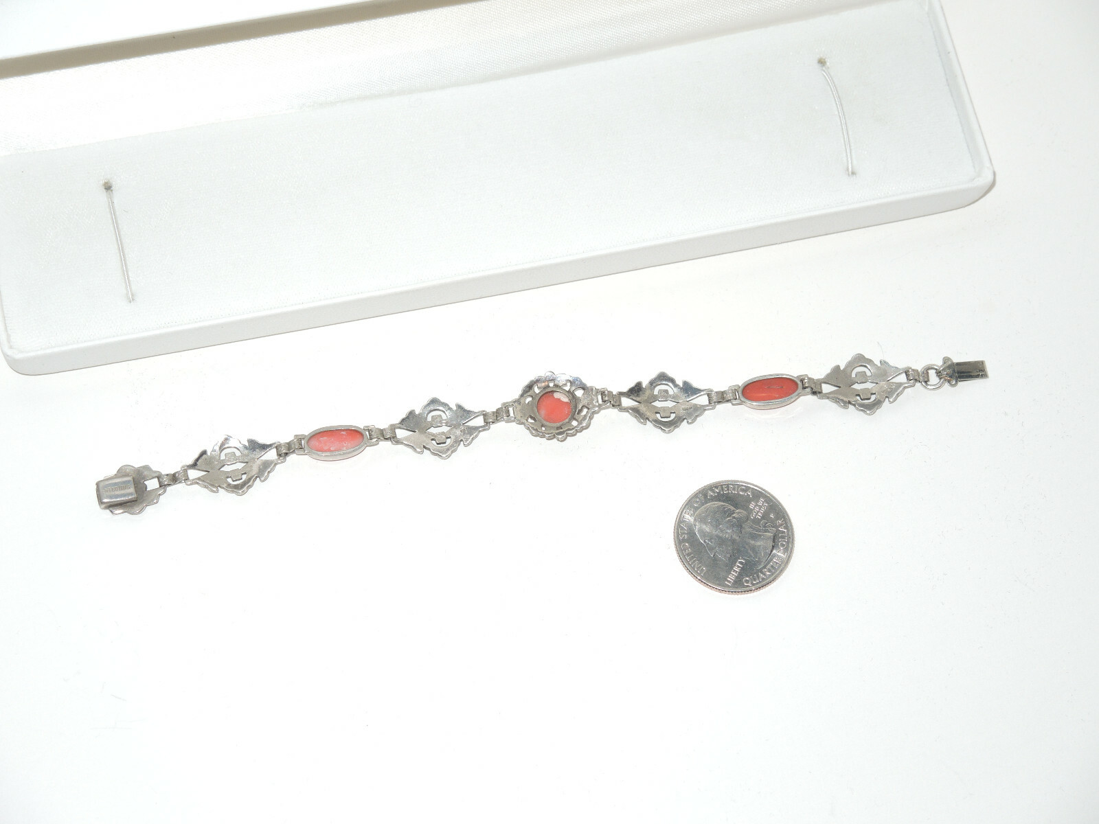 1920’s Art Deco Sterling Openwork Links Bracelet with Coral & Marcasites