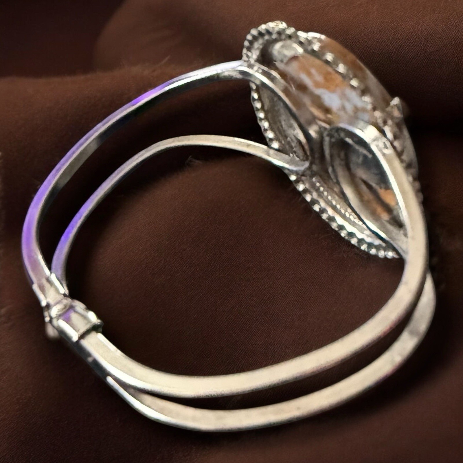 Silver Tone Agate Cuff Bracelet Vintage Blaze Orange Stone Small Wrist 5 Inches