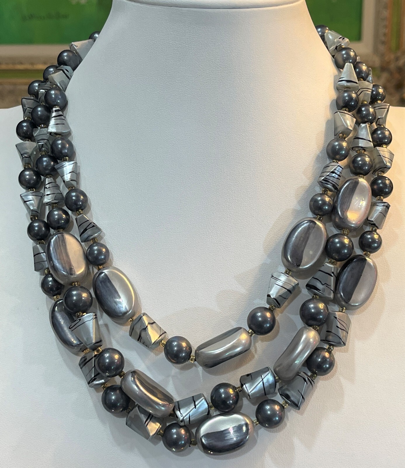 Vintage Hong Kong Marbled Gray Beads Different Shapes Multi Strand Necklace