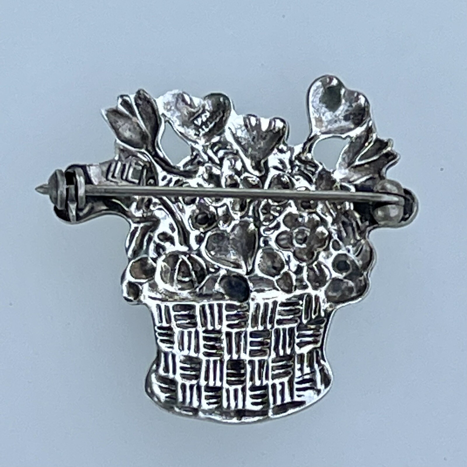 Mary Engelbreit Hearts Flowers Basket Brooch Signed ME 925 Sterling Silver Mex