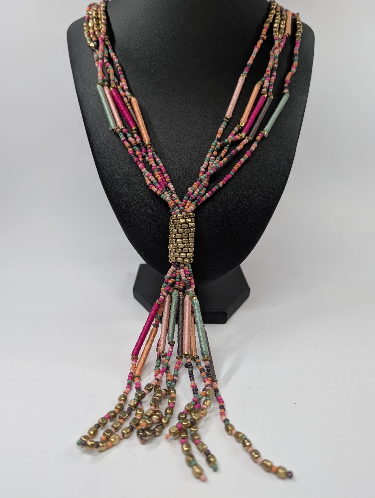 Vintage Indian Artisan Multi Strand Seed Bead Tassel Lariat Necklace Thread Wrap