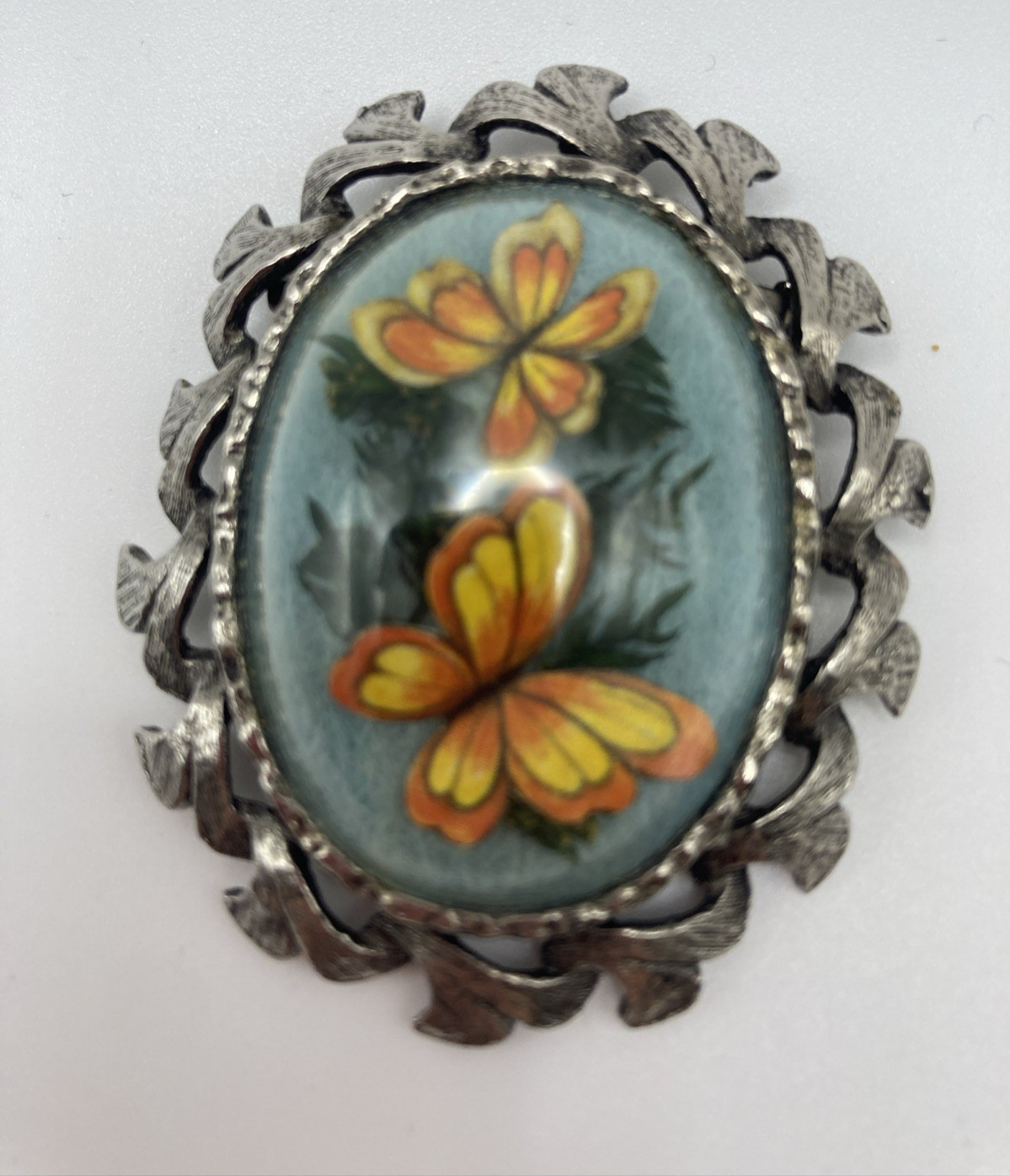 Vintage Style Oval Silver Cabochon Butterfly Brooch/Pendant 2.25″ Long