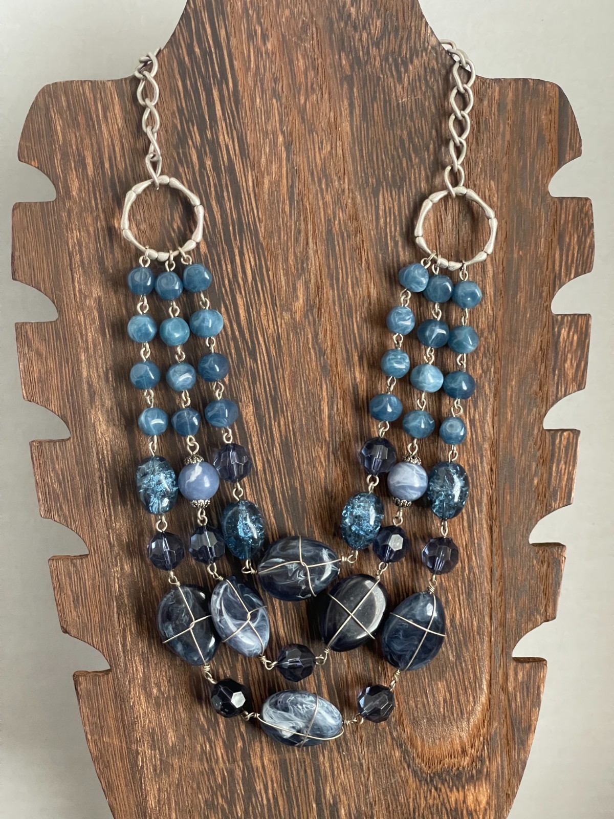 Multi Strand Necklace Blue Acrylic Wire Wrapped Beaded Accented Silver Tone Boho