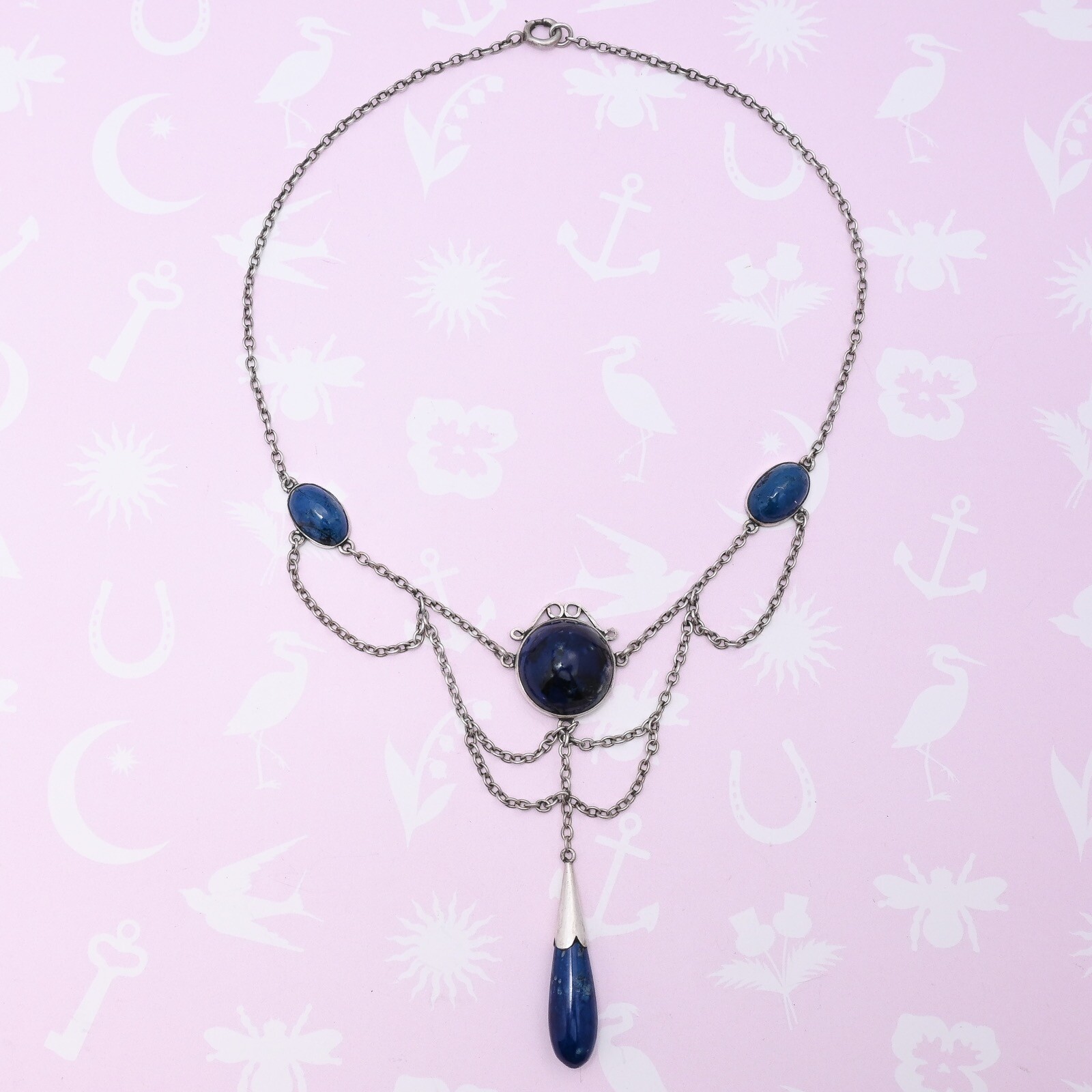 Antique Victorian Natural Sodalite Sterling Silver Large Festoon Necklace
