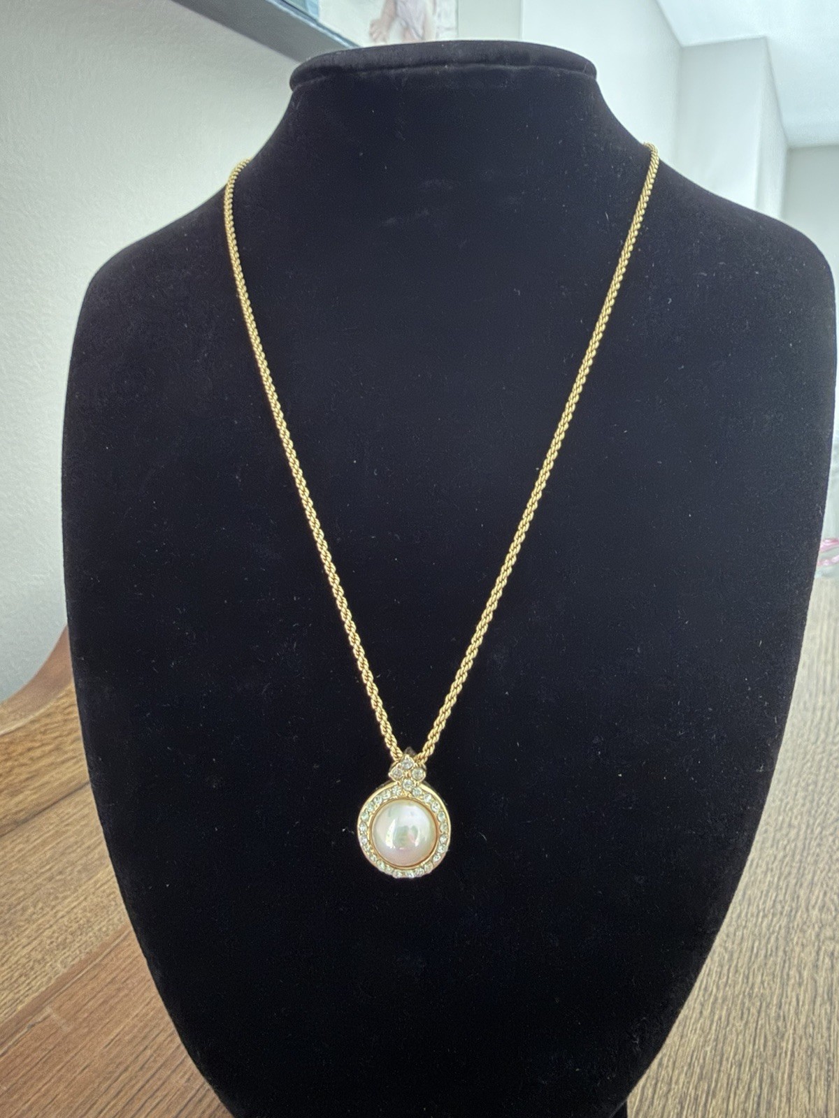 Vintage Christian Dior Triple Gold Plated Faux Pearl Pendant Necklace