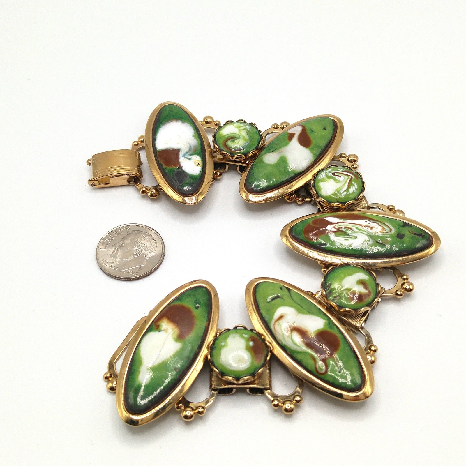 Mid-Century Enamel Book Chain Bracelet, Green Brown White Gold, 1950s Vintage