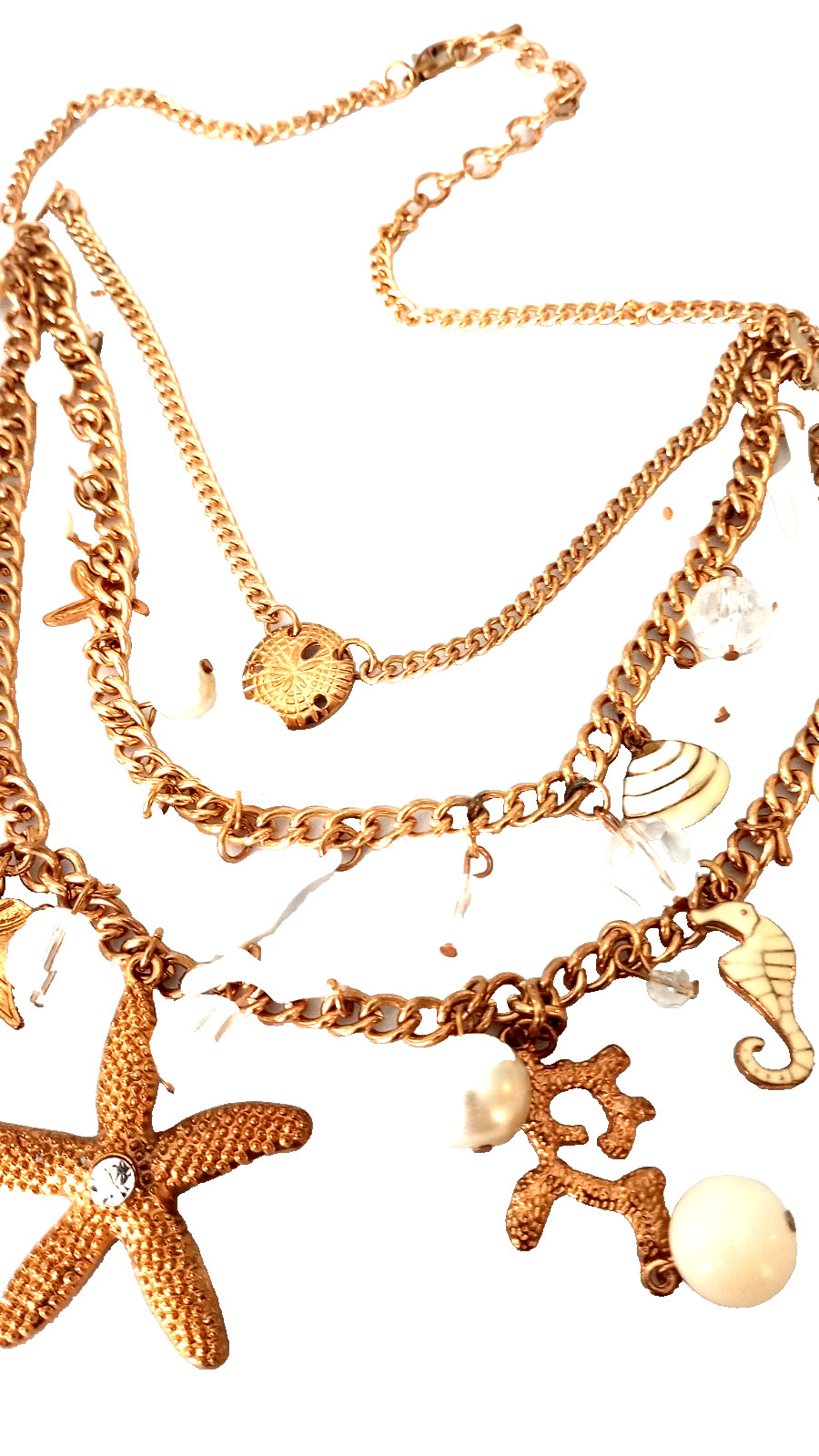 Vintage Sea Life Necklace Seahorse Starfish Shell.Gold Tone 3 Strands 24 in