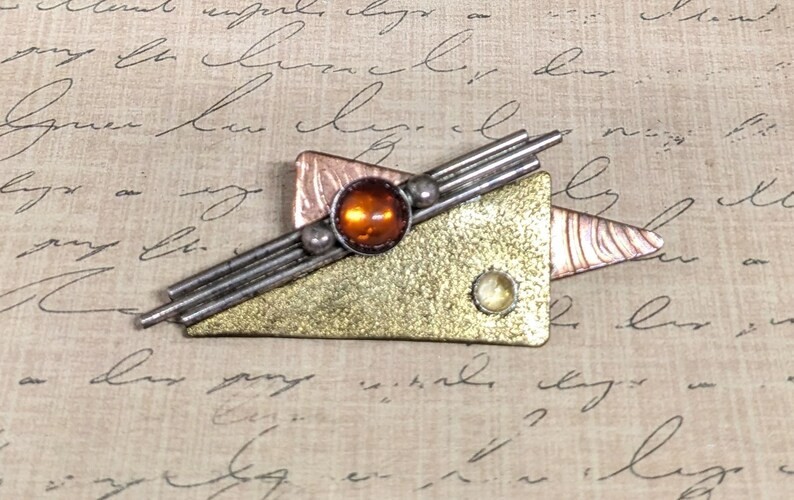 Vintage Modernist Gold Tone Copper Geometric Convertible Brooch Pendant Orange