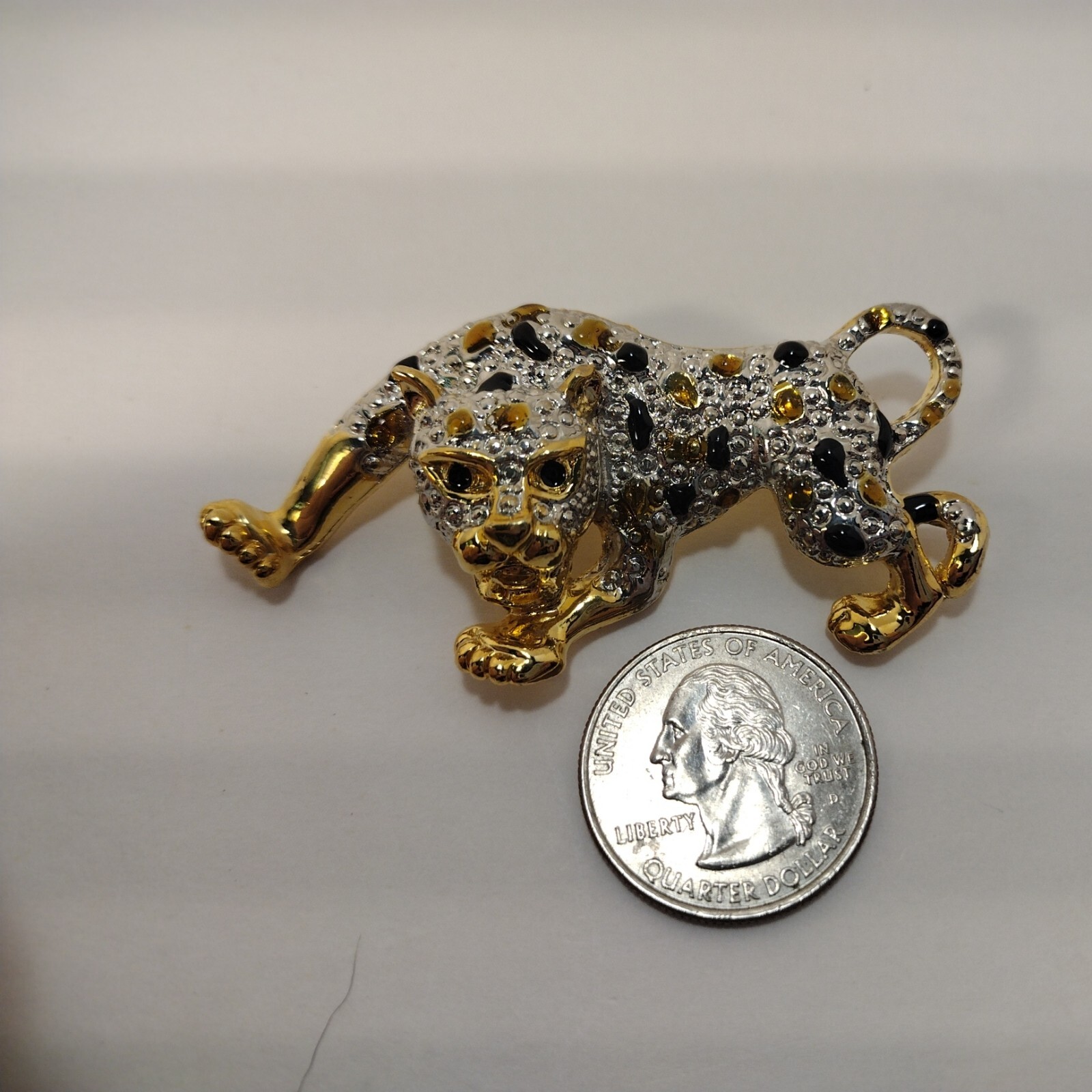 Vintage Black Yellow Gold Tone Cat Leopard Silver Tone Sparkle