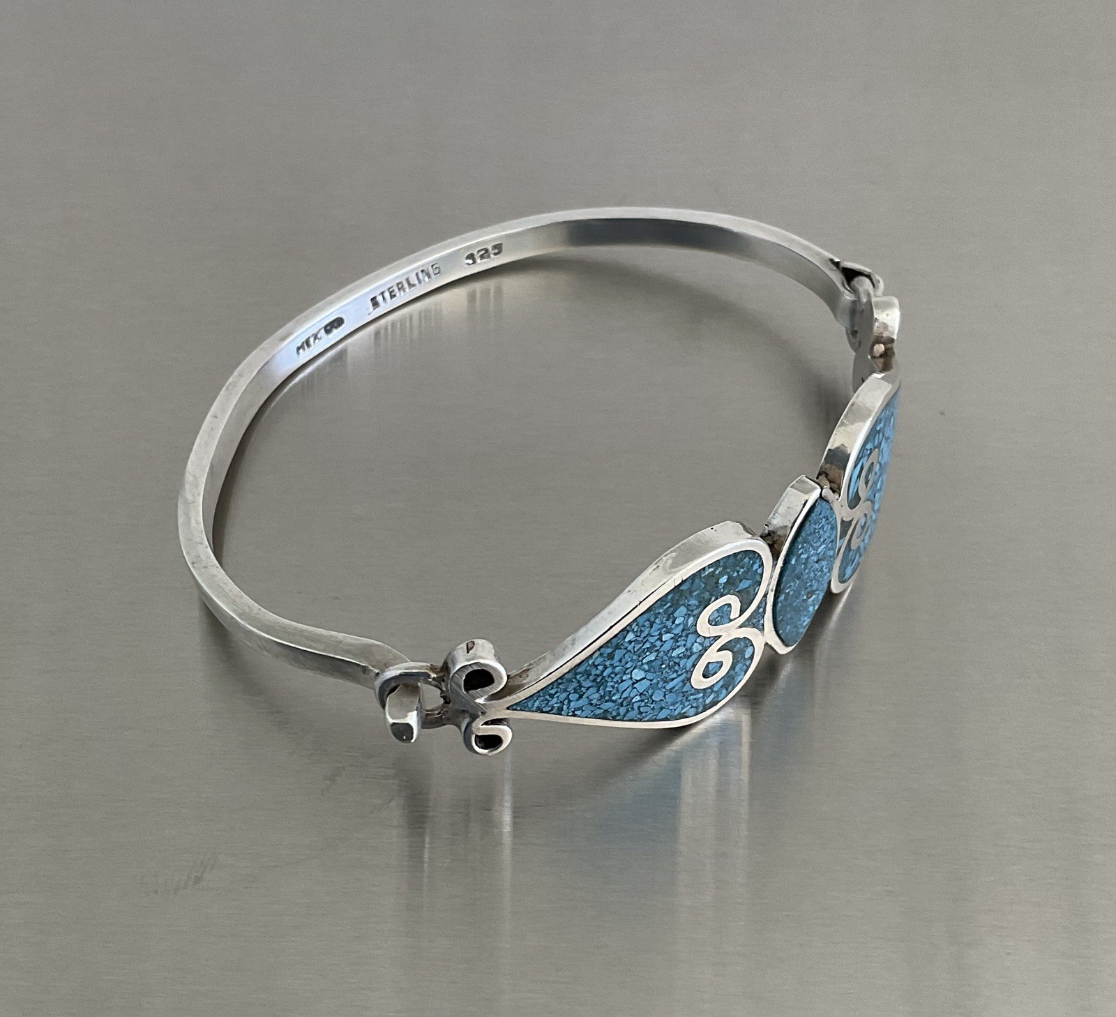 Vintage Mexico 925 Sterling Turquoise Inlay Mosaic Tension Bangle Bracelet 7″