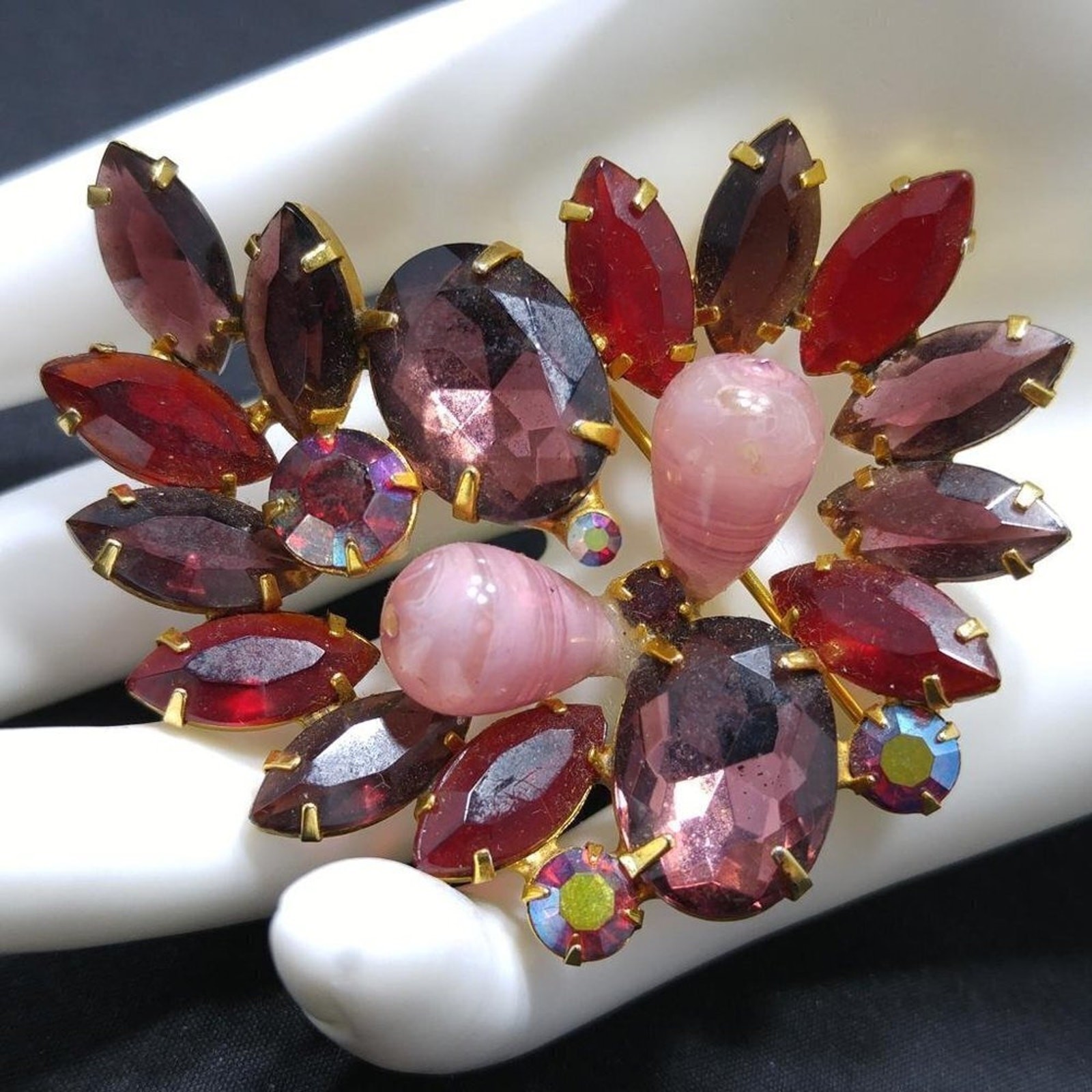 Vintage Purple Red Glass Rhinestone Brooch, Pink Lucite Beads, 2 1/4 Inches