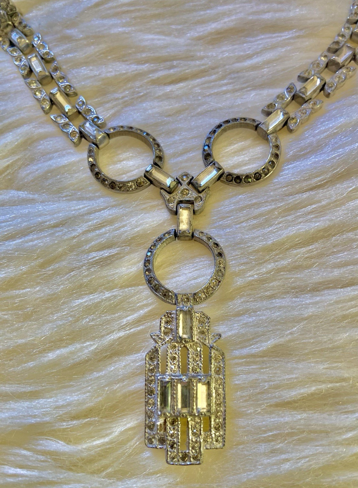 Antique Art Deco Pot Metal Paste Rhinestone Festoon pendant Necklace 1920s