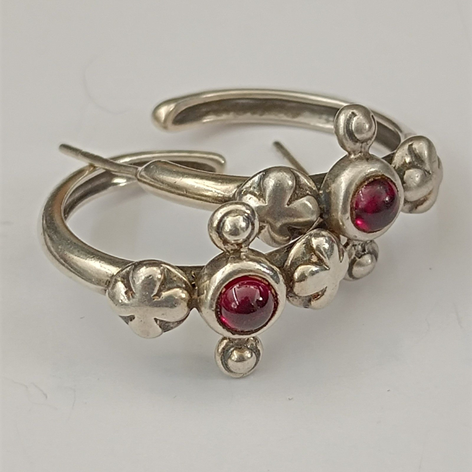 Vintage Silver Hoop Earrings Garnet Cabochon Boho Handmade Sculptural Artisan