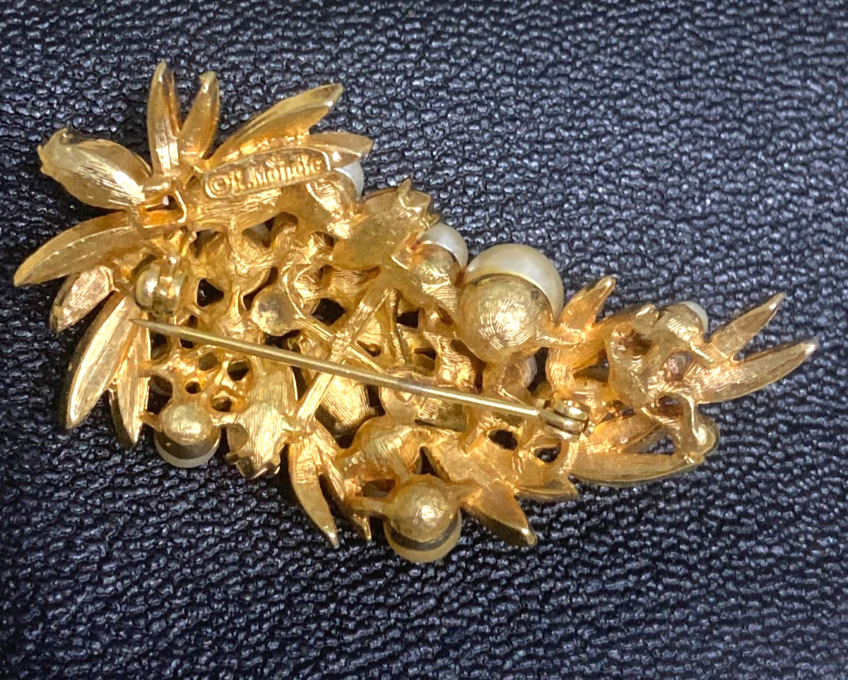 Vintage Brooch Pin, R. Mandle, Faux Pearls, Dark pink & green rhinestones