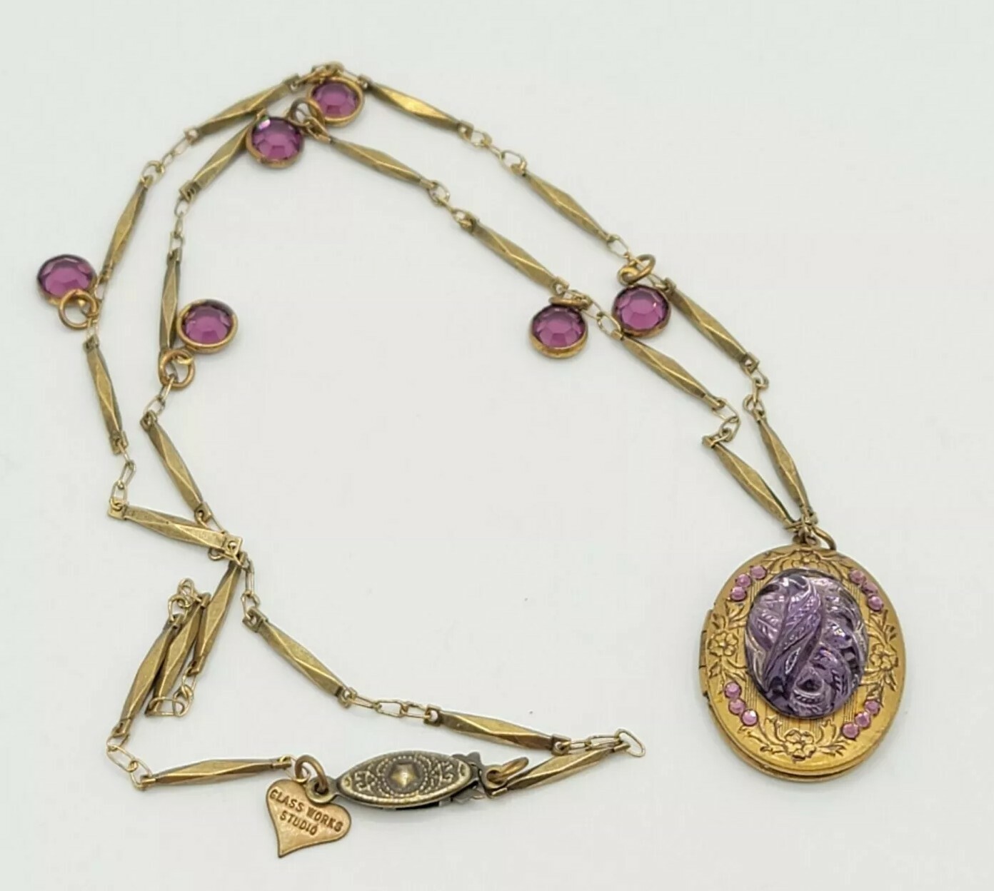 Vtg Glass Works Studio Necklace Locket Pendant Purple Glass Jewelry Beauty
