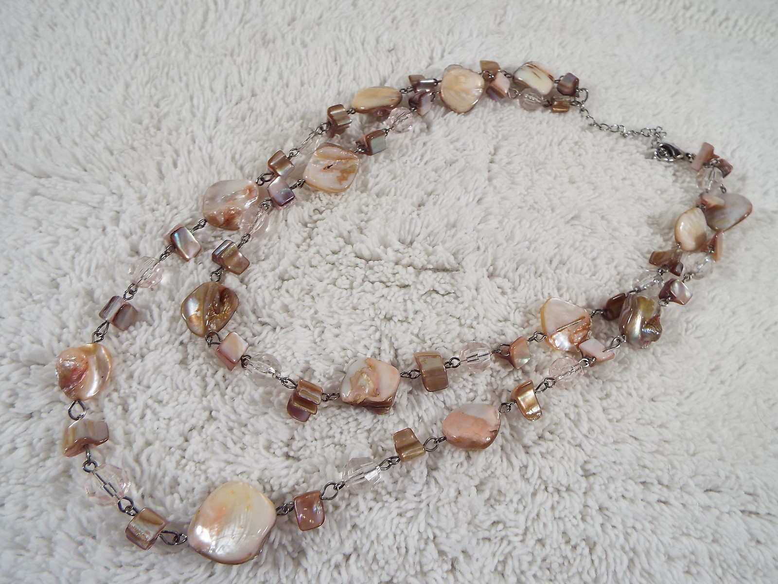 Silvertone Pink Taupe Sea Shell Double Chain Necklace (A53)