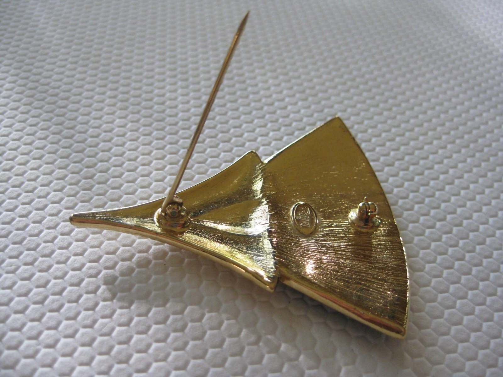 TRIFARI Art Deco Style Brooch Black Enamel Gold Plate Fan Shape Textured Metal