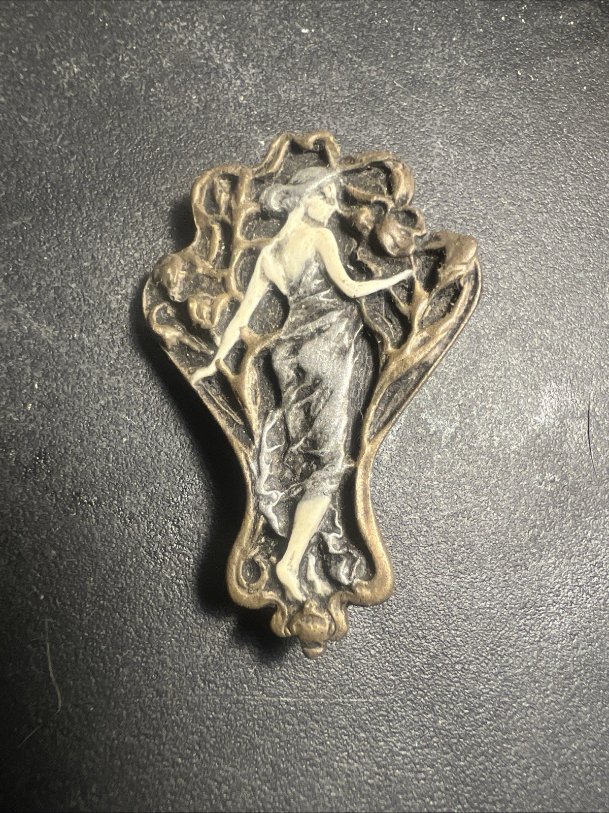 Vintage Art Nouveau Lady Brooch Enamel Copper England