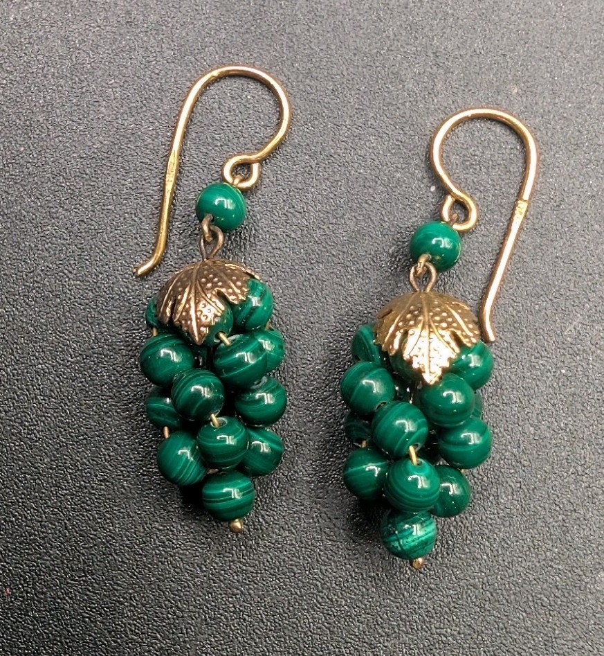 800 Silver Marked Gold Tone Malachite Round Beaded Cluster Grapes Earrings