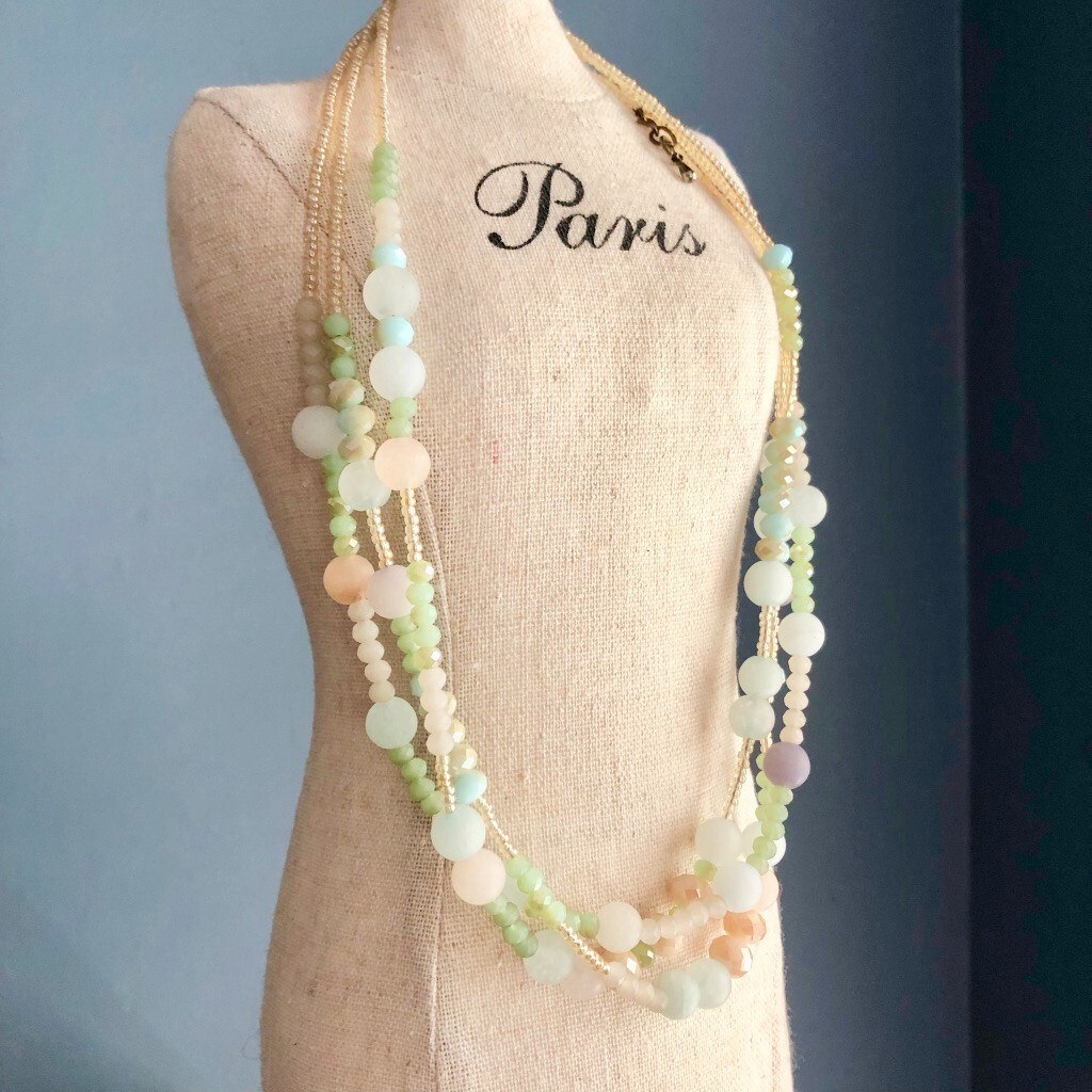 VTG 3 Strand Pastel SATIN GLASS BEAD NECKLACE 18″ Multi Color Faceted Adjust