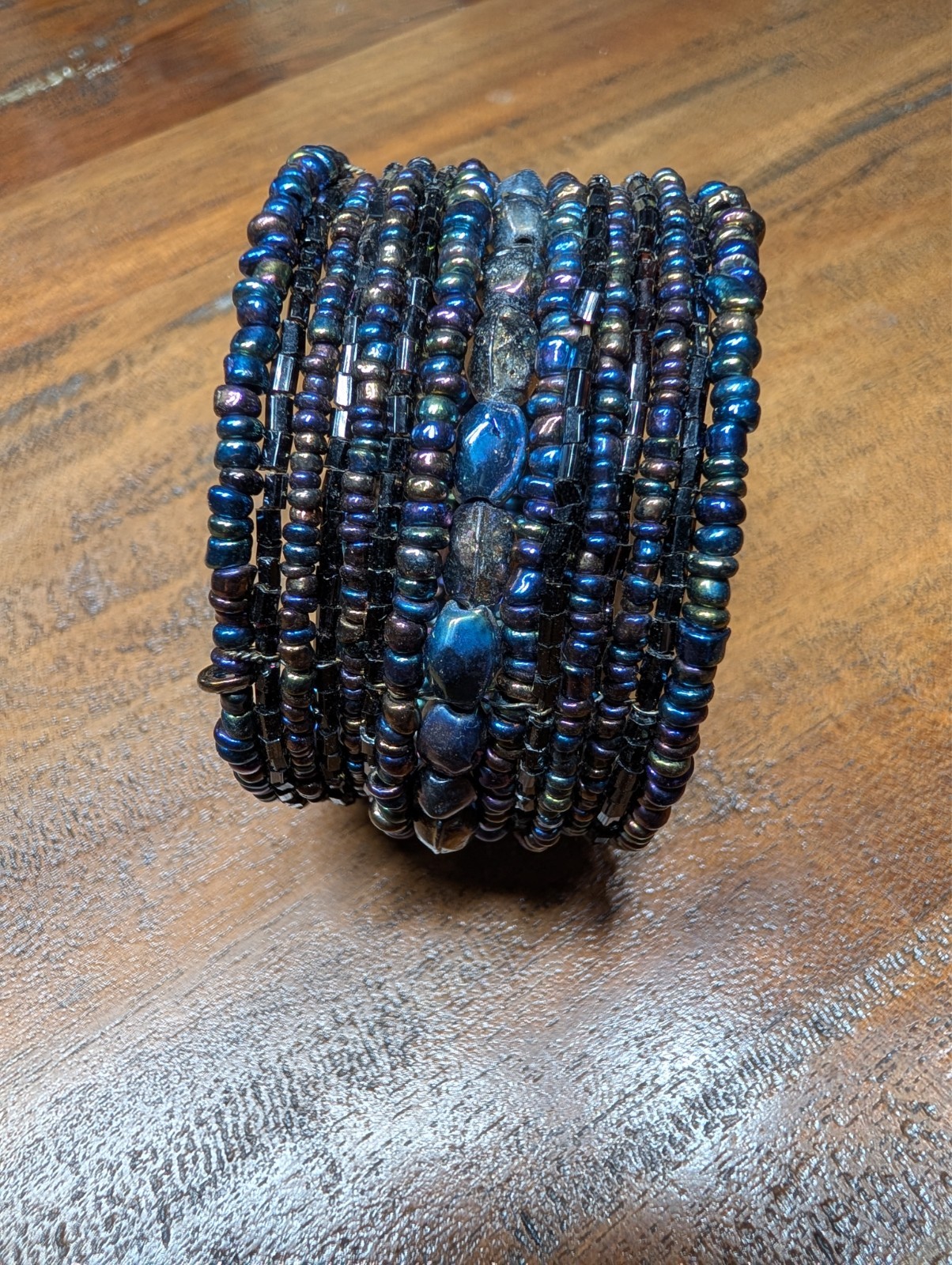 Boho Peacock Blue Purple Beaded Cuff Bracelet Memory Wire Statement Artisan Y2K