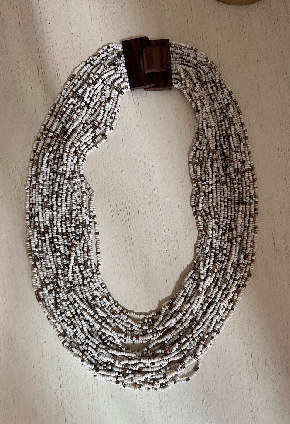 Vintage Multi Layered Ivory Gold Glass Seed Beaded Wood Hook Clasp Boho Necklace