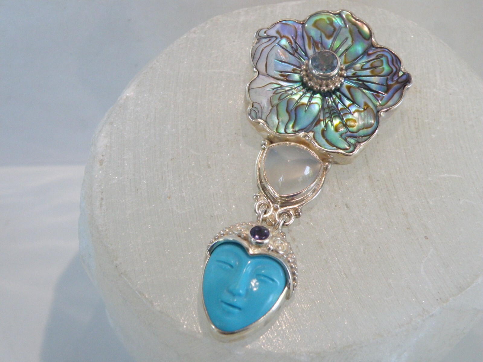 Sajen Sterling Silver 925 Large Carved Turquoise Goddess Brooch Pin Pendant