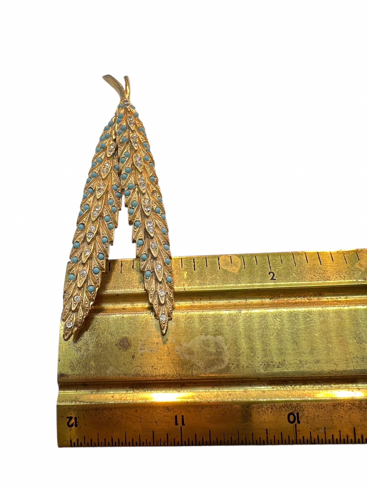 Rhinestone Brooch Faux Turquoise Leaves Feathers Gold Tone Textured READ A3